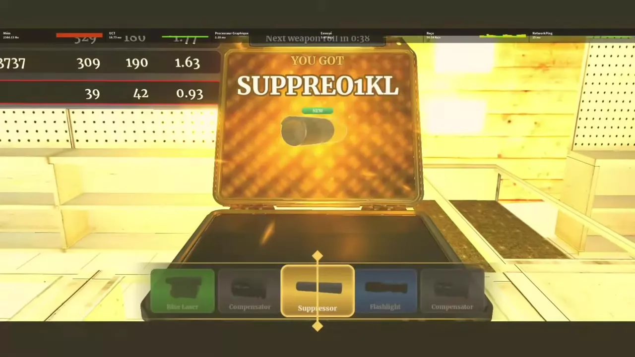 Suppressor selected beneath the central gold pointer, with YOU GOT and NEW above the reward.