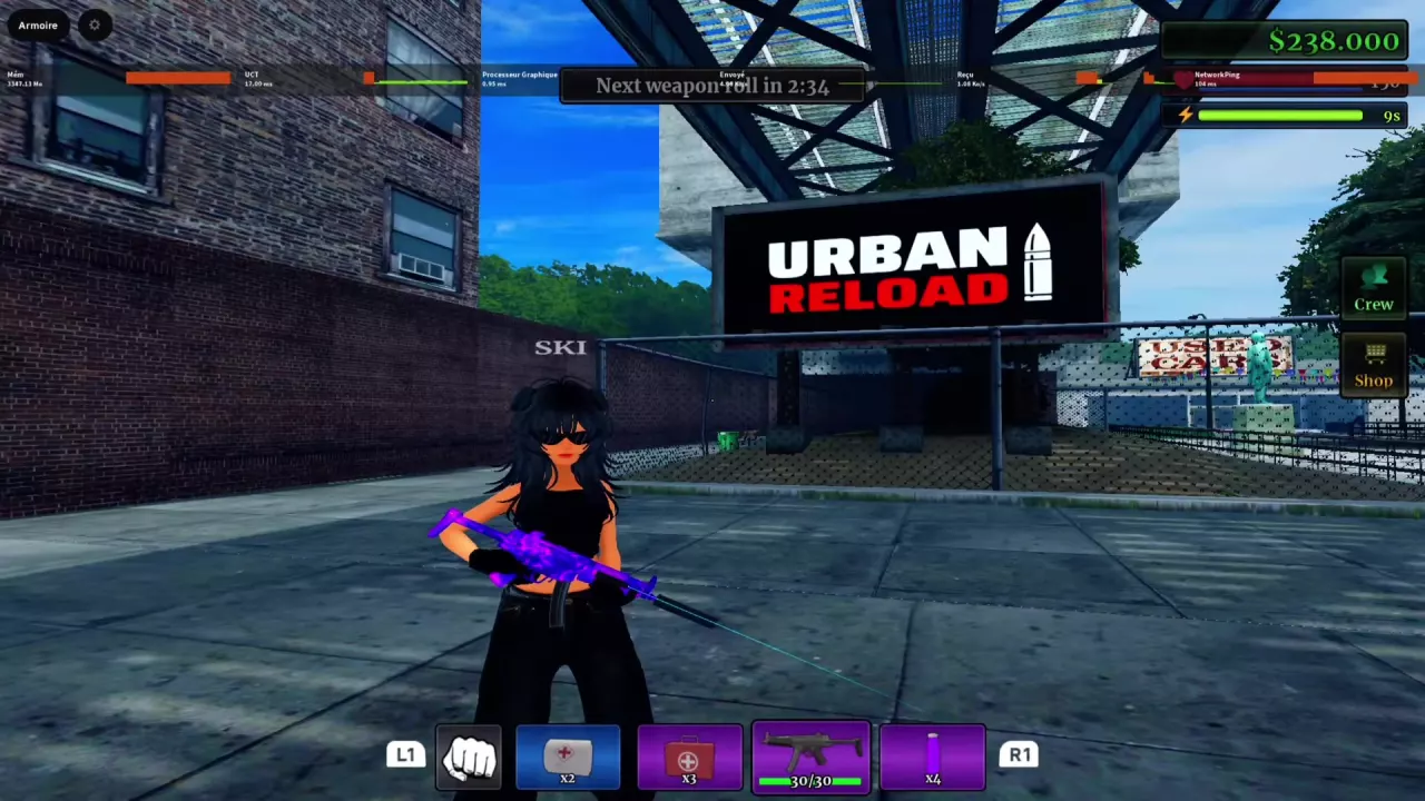 The Next weapon roll countdown at the top of the screen above the equipped firearm and hotbar.