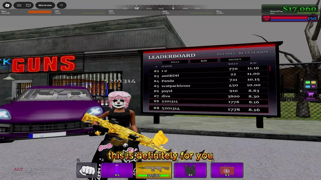 Urban Reload leaderboard showing OVERALL · BETA SEASON, three category tabs, and K/D rankings.