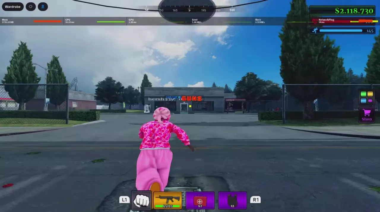 QUICK GUNS storefront with the leaderboard standing to the right of the entrance.