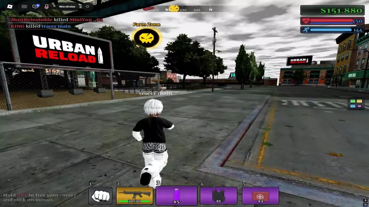Urban Reload keyboard interface with the ALT cursor prompt at lower left and a numbered hotbar along the bottom.