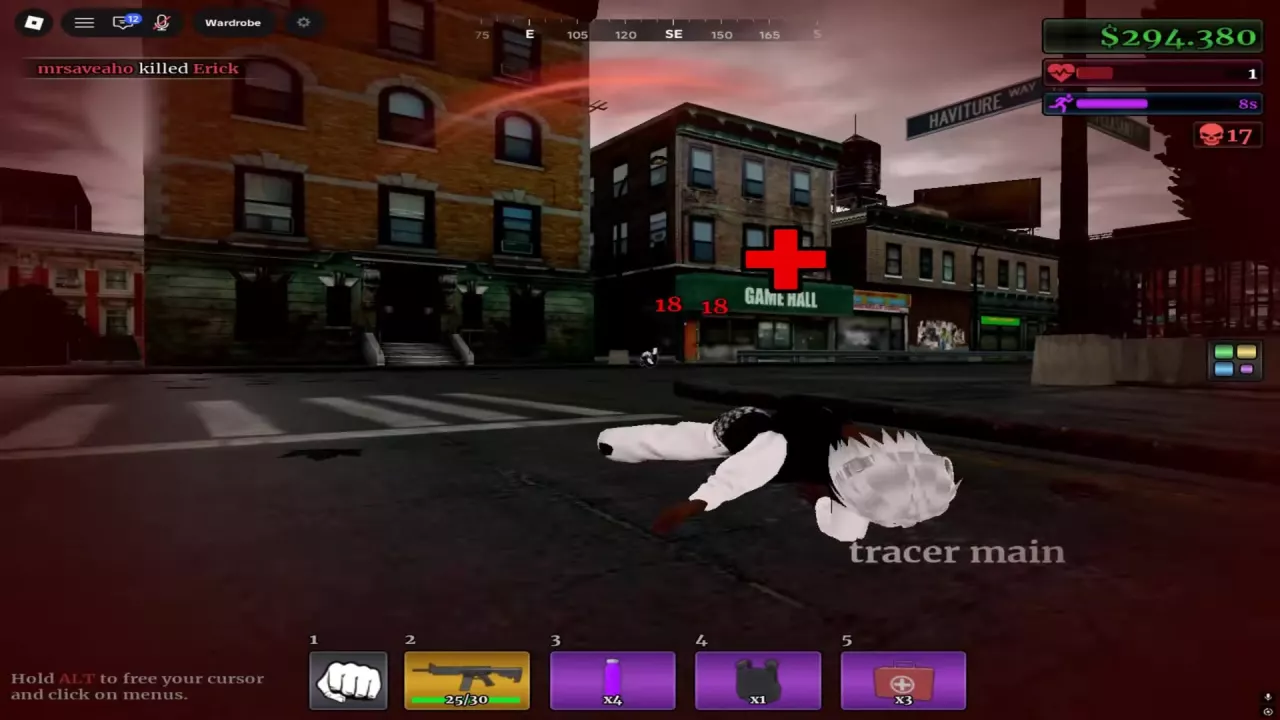 Downed character on the street with a red cross marker and red screen edges.
