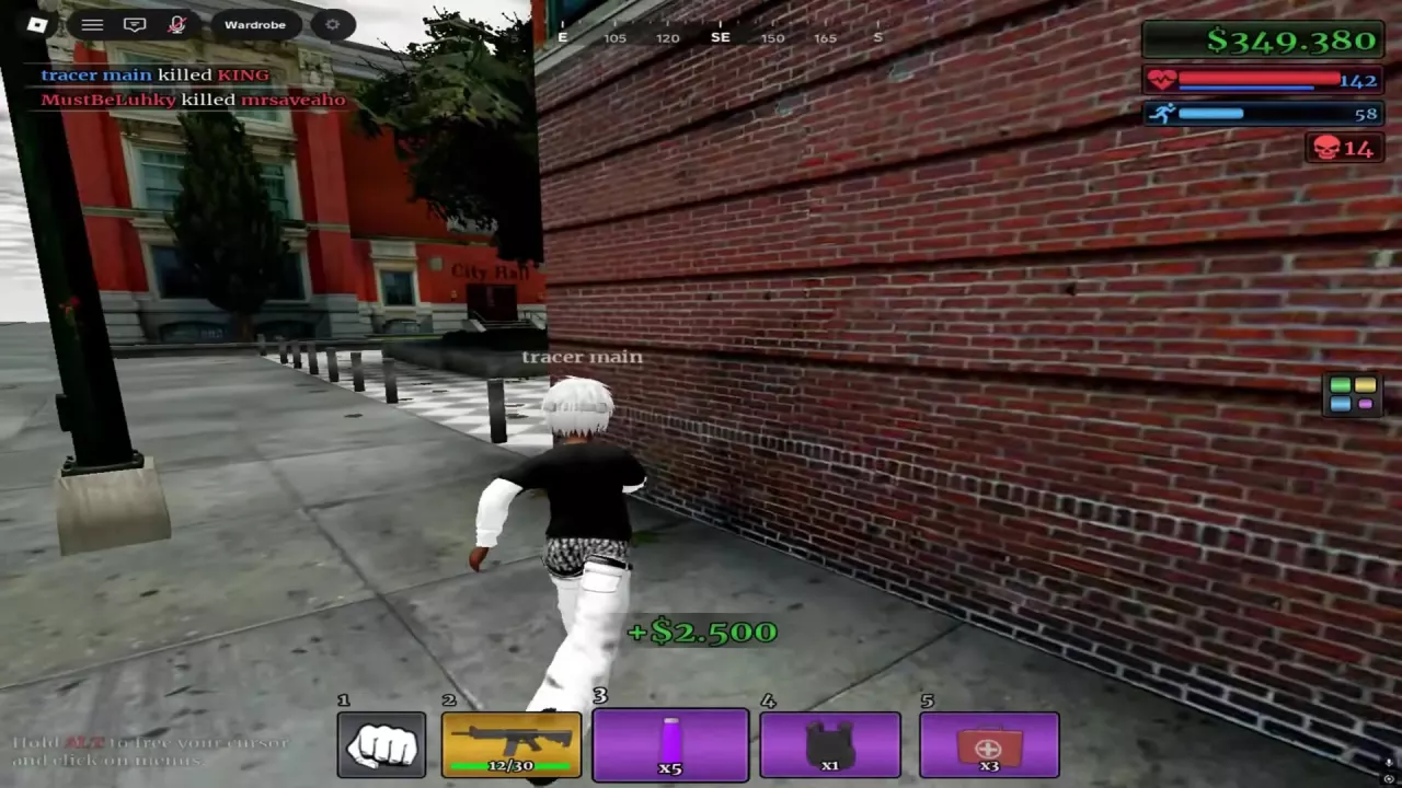 Player moving beside a brick building corner near City Hall.