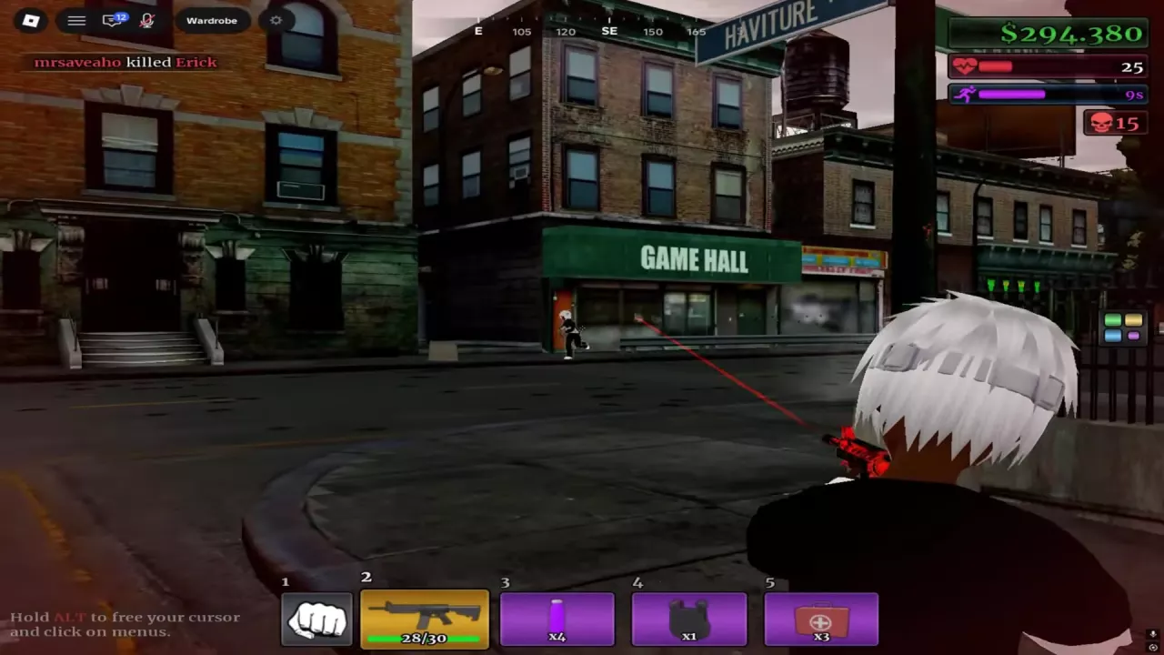 Over-the-shoulder rifle aim toward an opponent across the street outside GAME HALL.
