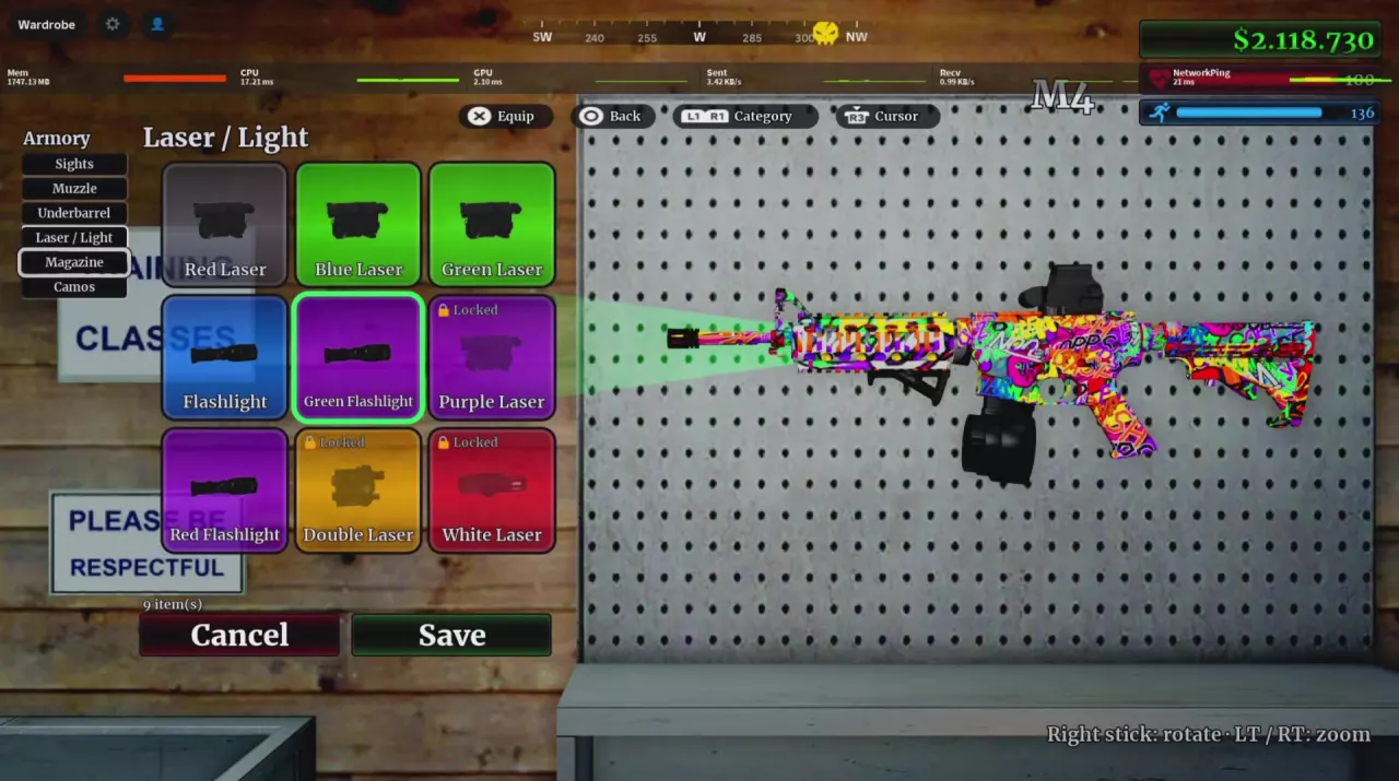 M4 Armory menu with Laser / Light options, Locked labels and controller prompts.