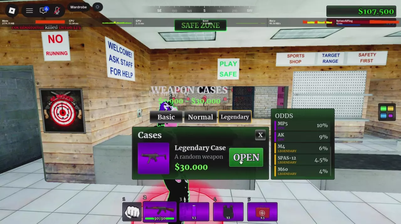 Legendary Case menu showing the 30,000 cash price, OPEN button and M4 odds of 6%.