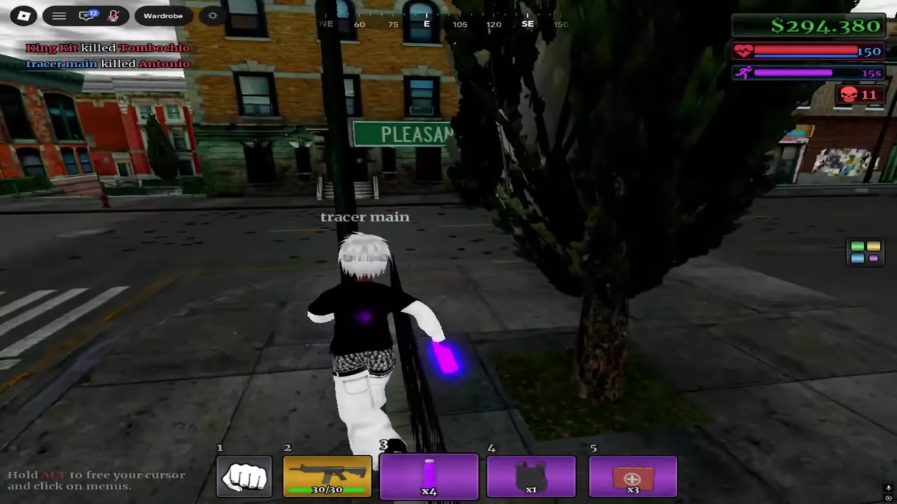 Character holding a glowing purple bottle with four bottles remaining and a purple 15-second status timer.
