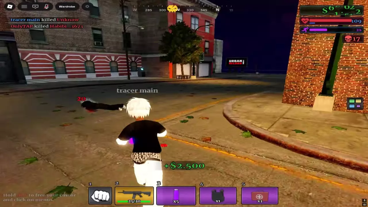 Upper-left kill feed and a green +$2,500 payout after a street PvP kill.
