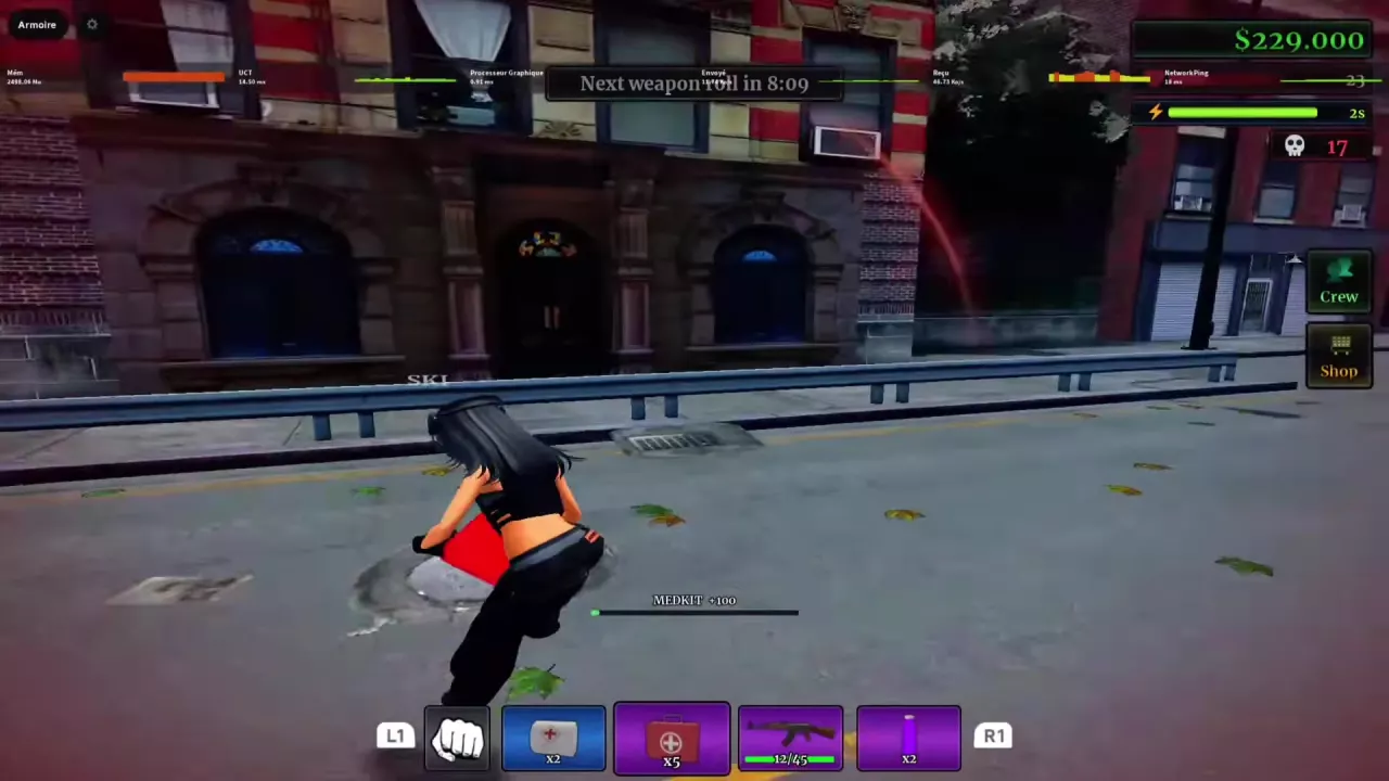 Character moving with a red Medkit while the MEDKIT +100 healing progress bar is active.