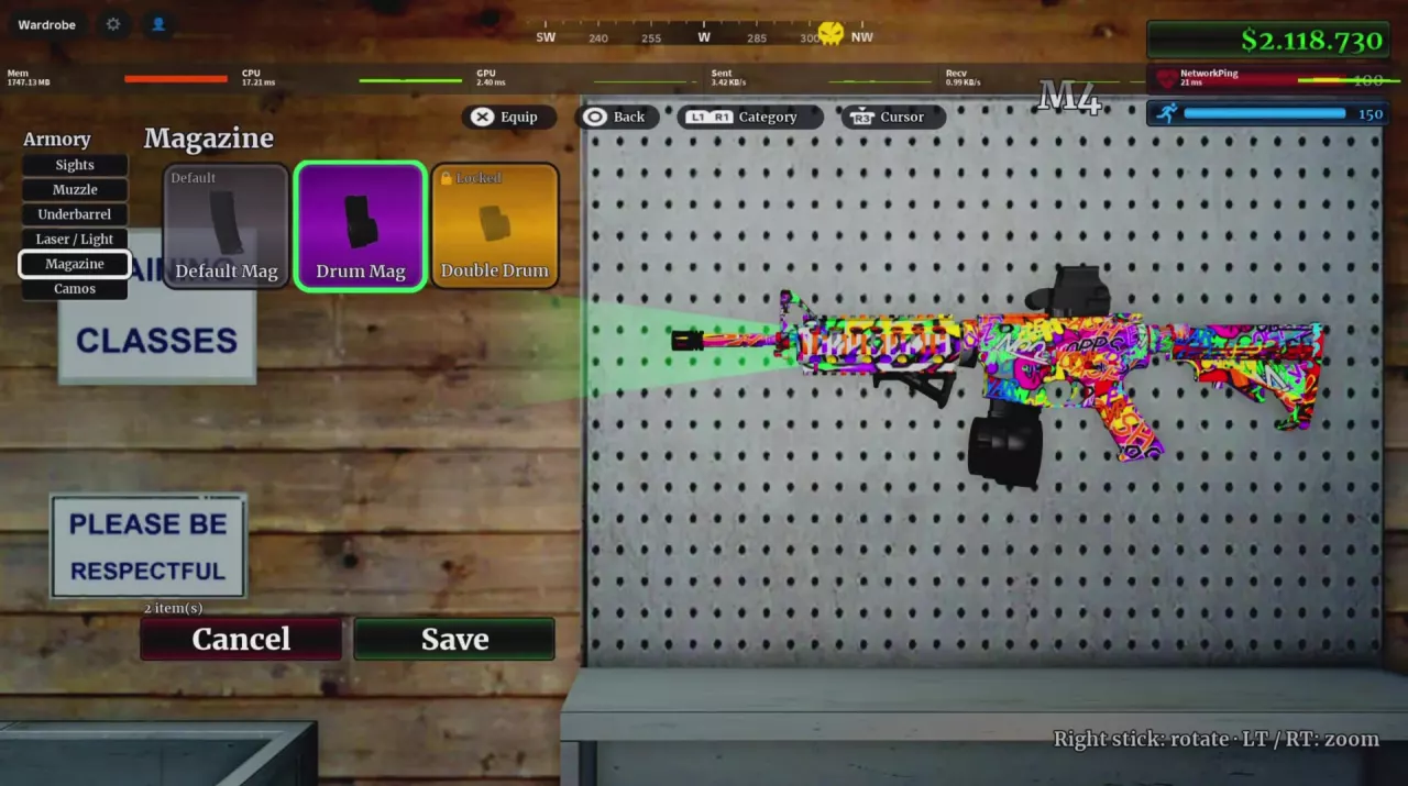 M4 Armory Magazine category with Default Mag, Drum Mag and Double Drum entries.
